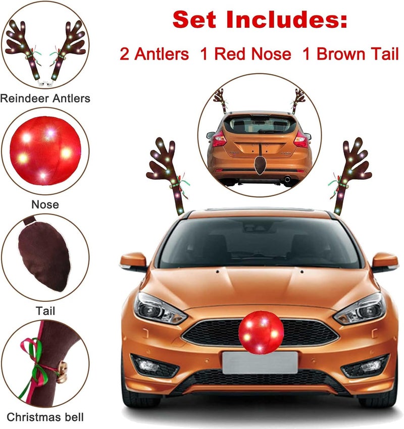GlACBIUG Reindeer Antlers for Cars, LED 2025 Christmas Car Decorations Kit with Jingle Bells, Nose, Tail, Multicolor Light-Up Rudolph Xmas Decor for SUV, Van, Truck - Image 3
